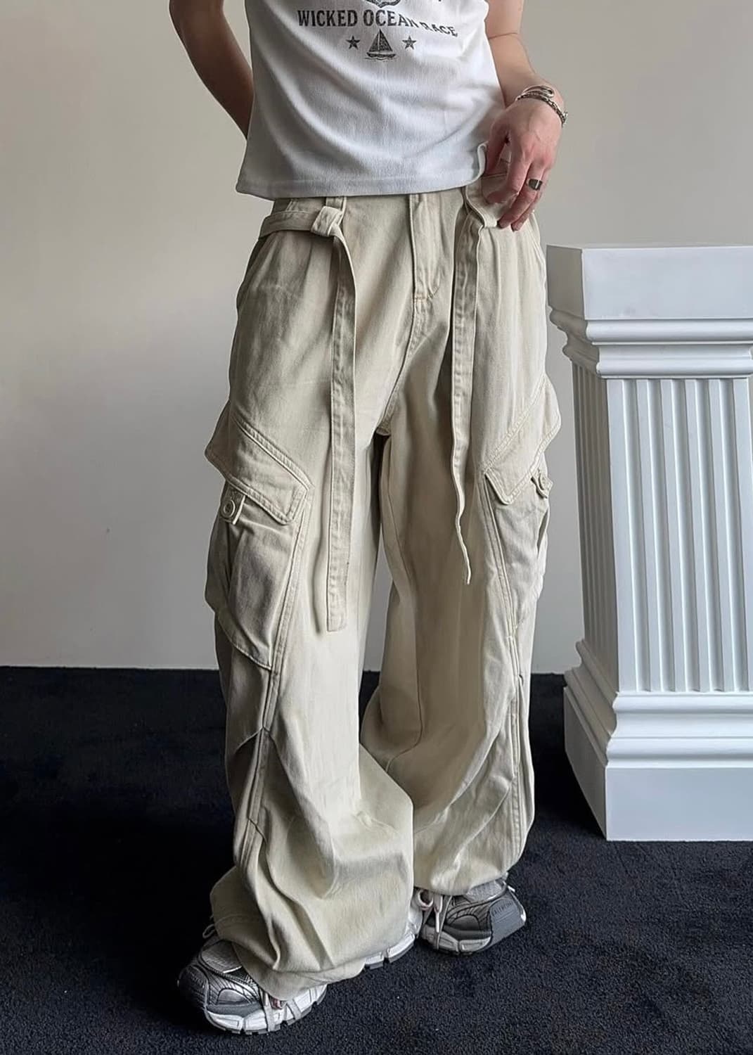 COMMA 벨티드 카고 와이드 팬츠 바지 32 33 통바지 베이지 스트릿 상품이미지2