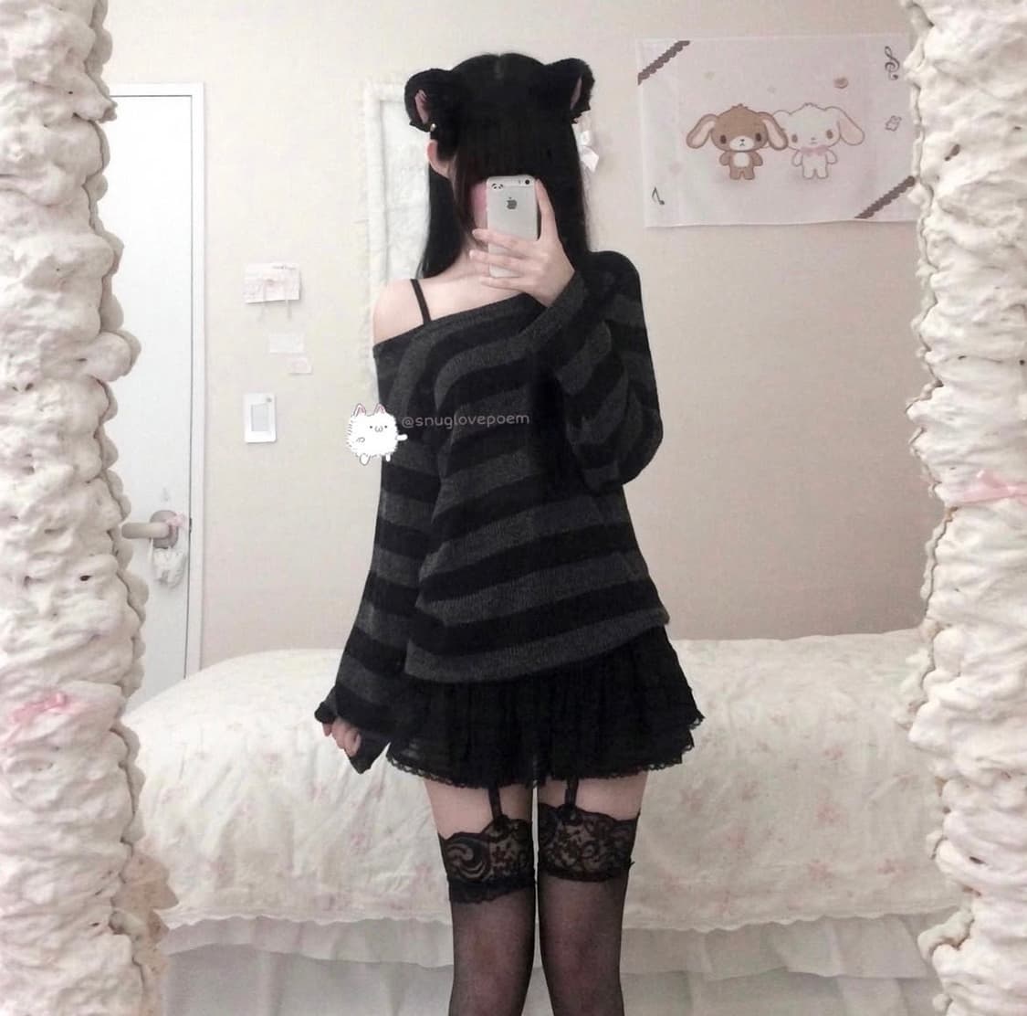 스너그 리본러블리슬리브리스나시 냥코후디스웨터 쿠로니트 서냥님 히메라떼갸루 상품이미지7