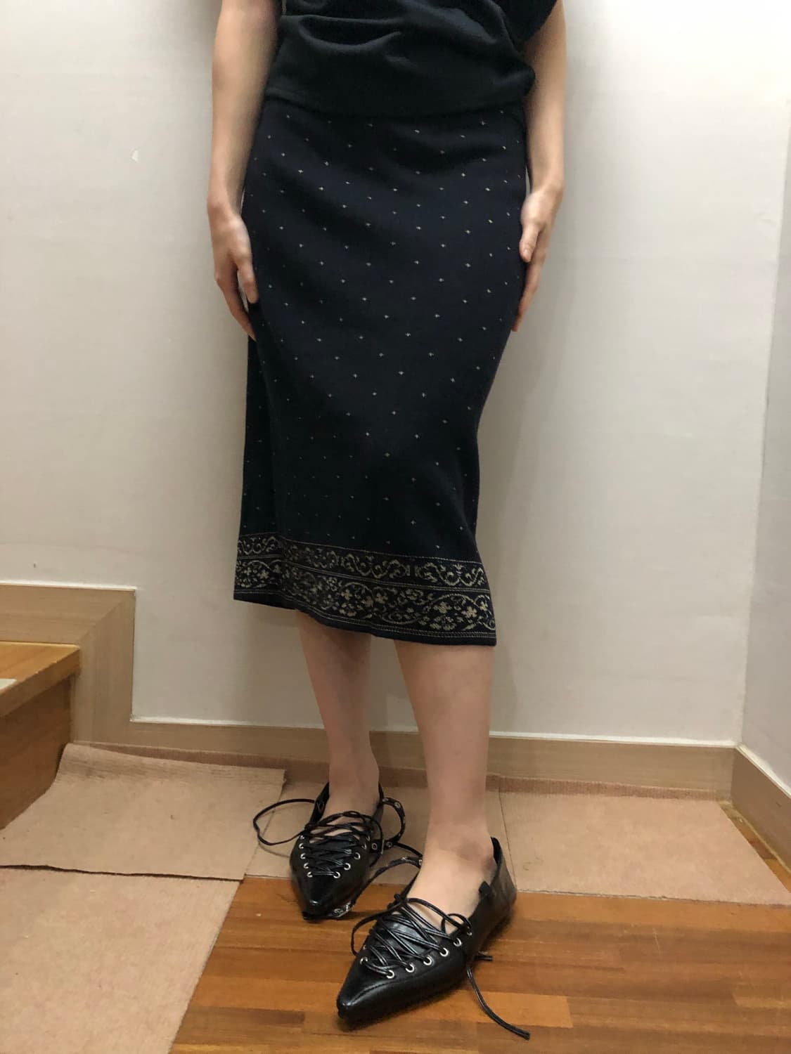 빈티지 블랙 오리엔탈 도트 미디 스커트 상품이미지2