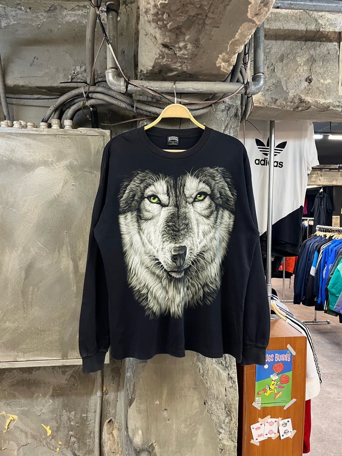 빈티지 울프 프린팅 긴팔티 블랙 XL #csz2863 상품이미지1