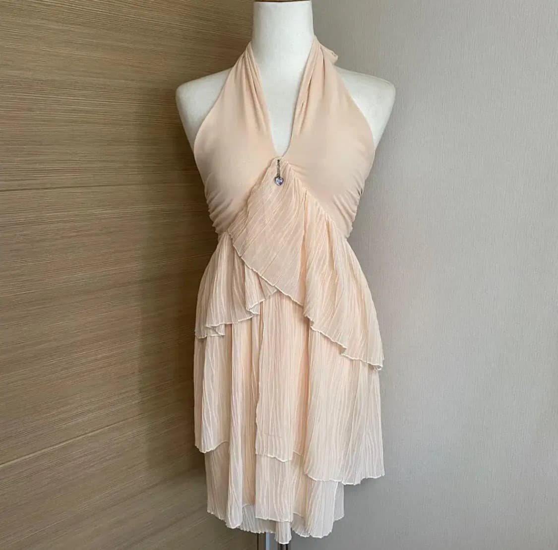 빈티지 양산형 갸루 홀터넥 드레스 미니원피스 연핑크 살구 애프리콧 상품이미지1