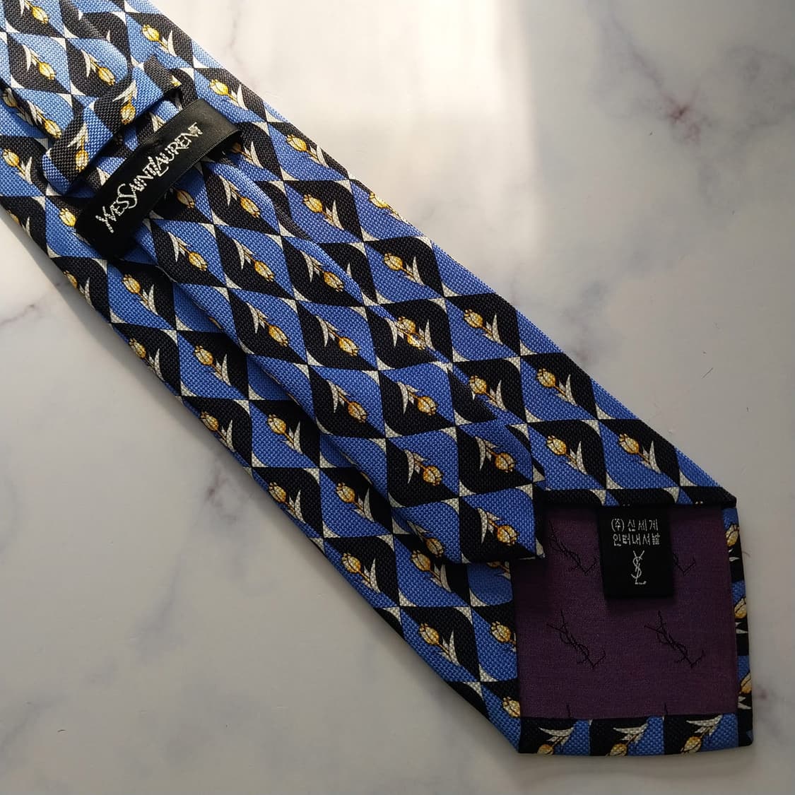 입생로랑 실크 블루&블랙 튤립 패턴 넥타이 9.2cm A+등급 K1324 상품이미지9