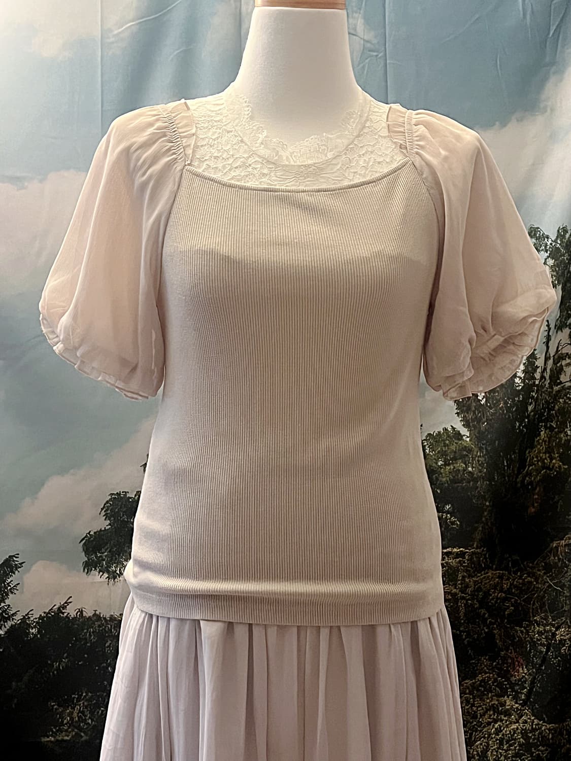 Square-line puff blouse Layered lace sle 상품이미지1