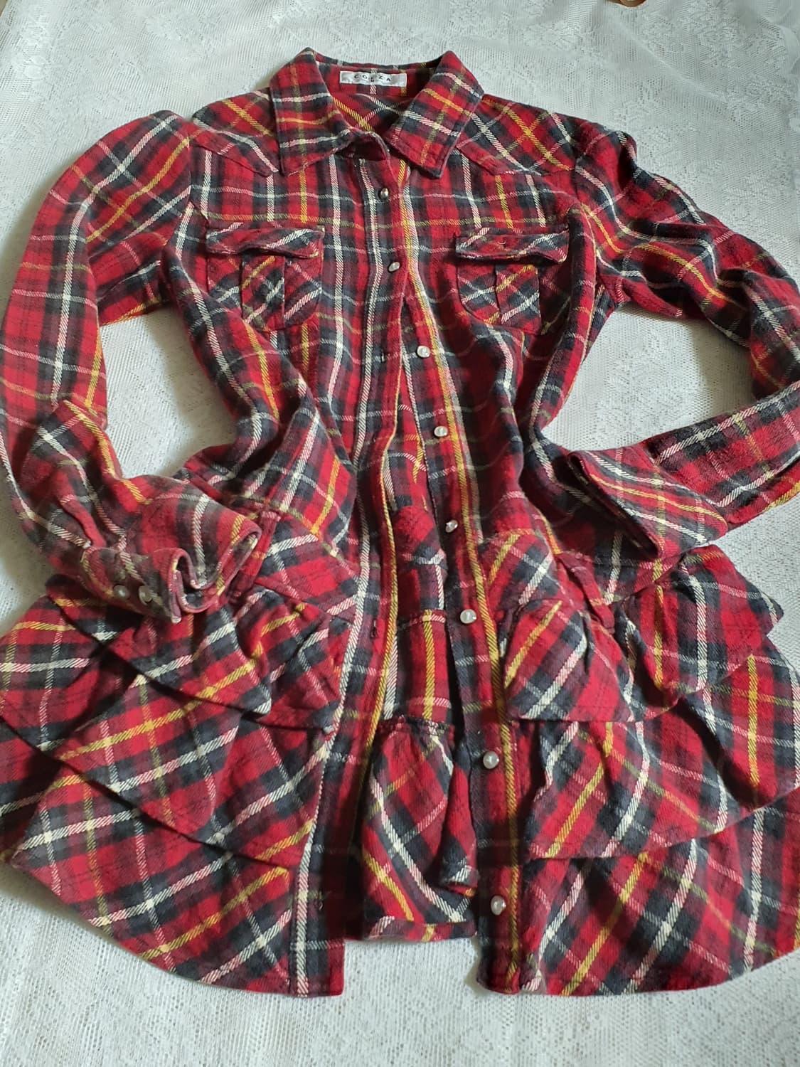 [일본빈티지] 캐캐체 아무깔 레드 체크 프릴 롱 셔츠 원피스 상품이미지6