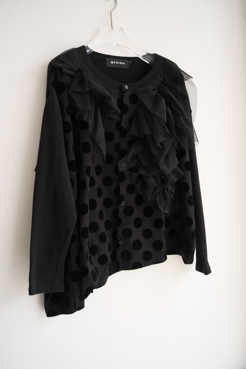 Frill velvet dot asymmetric button top 상품이미지6