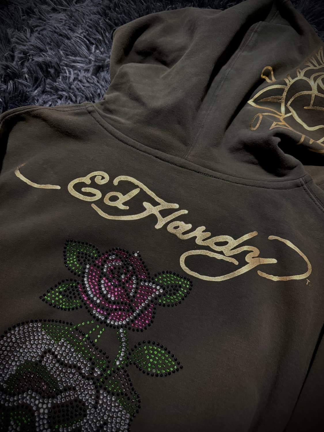 Ed Hardy 카키 올드스쿨 장미 프린팅 큐빅 디테일 후드집업 상품이미지8
