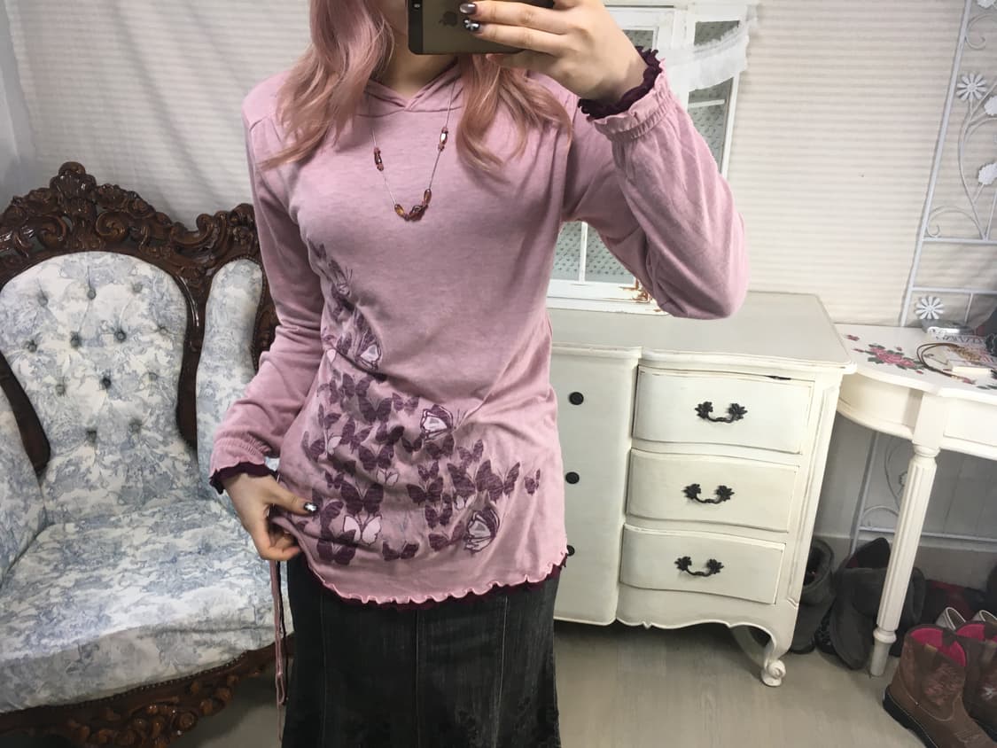 jpn vintage 오리엔탈 나비 셔링 후드티 상품이미지1