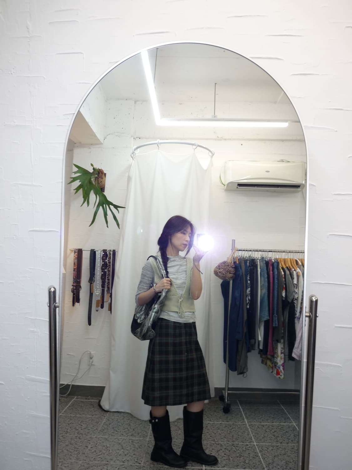 Deep green check midi skirt 상품이미지3