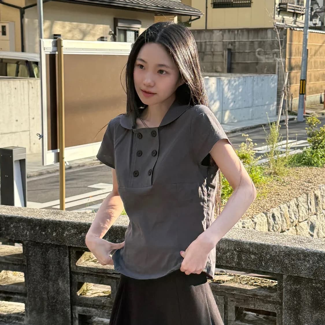 미세키서울 double botton shirt 더블 버튼 셔츠 탑 차콜 상품이미지1