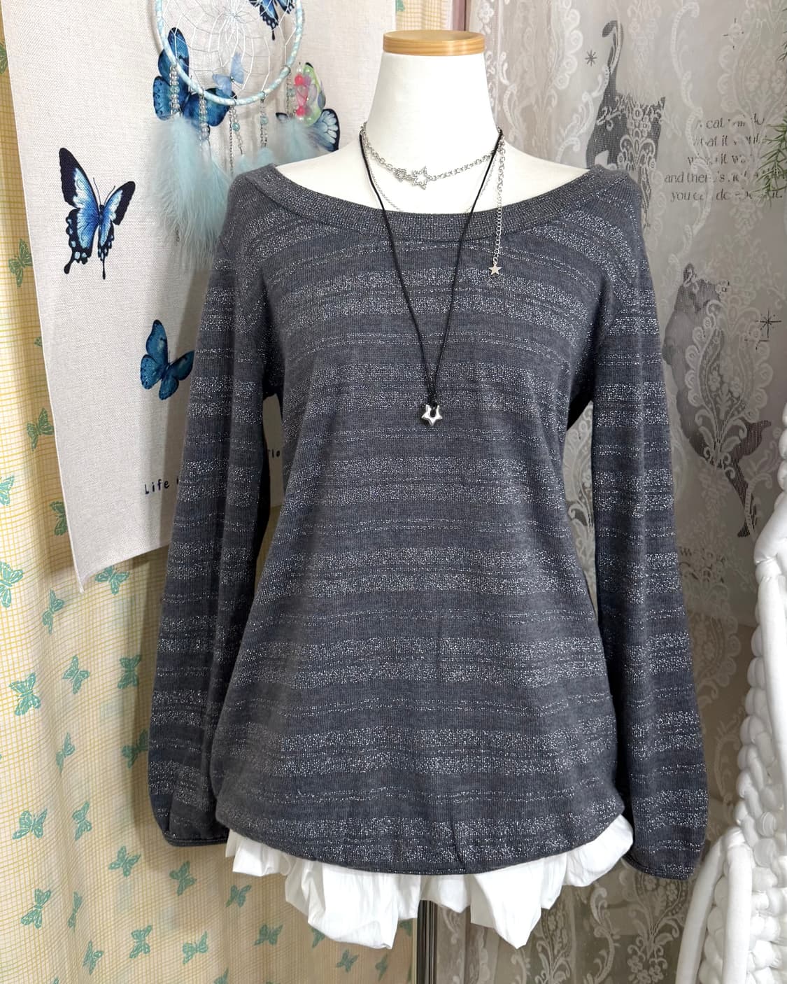 그레이 스트라이프 백 리본 니트 상품이미지7