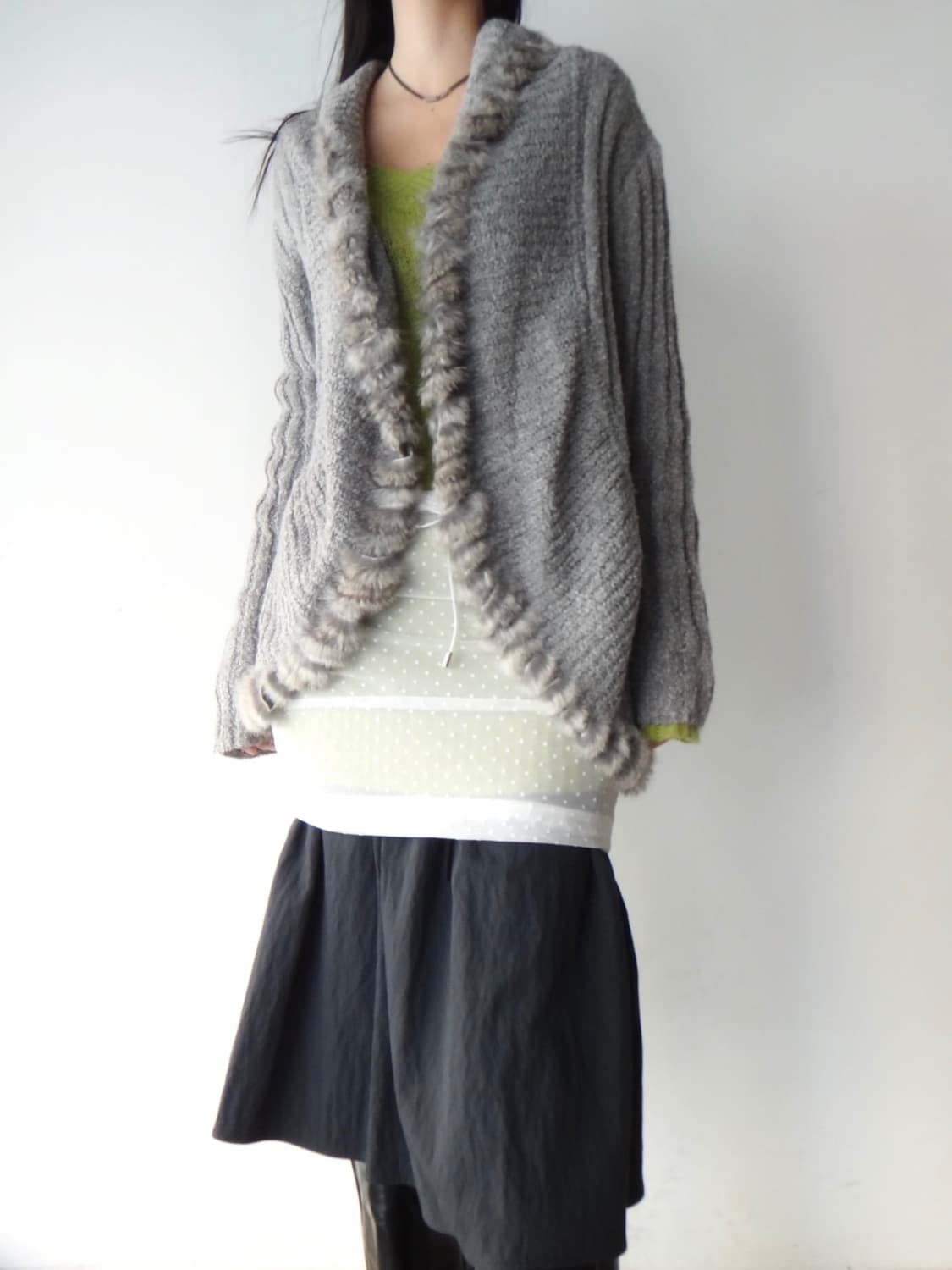 Rabbit fur trimming open cardigan / grey 상품이미지6