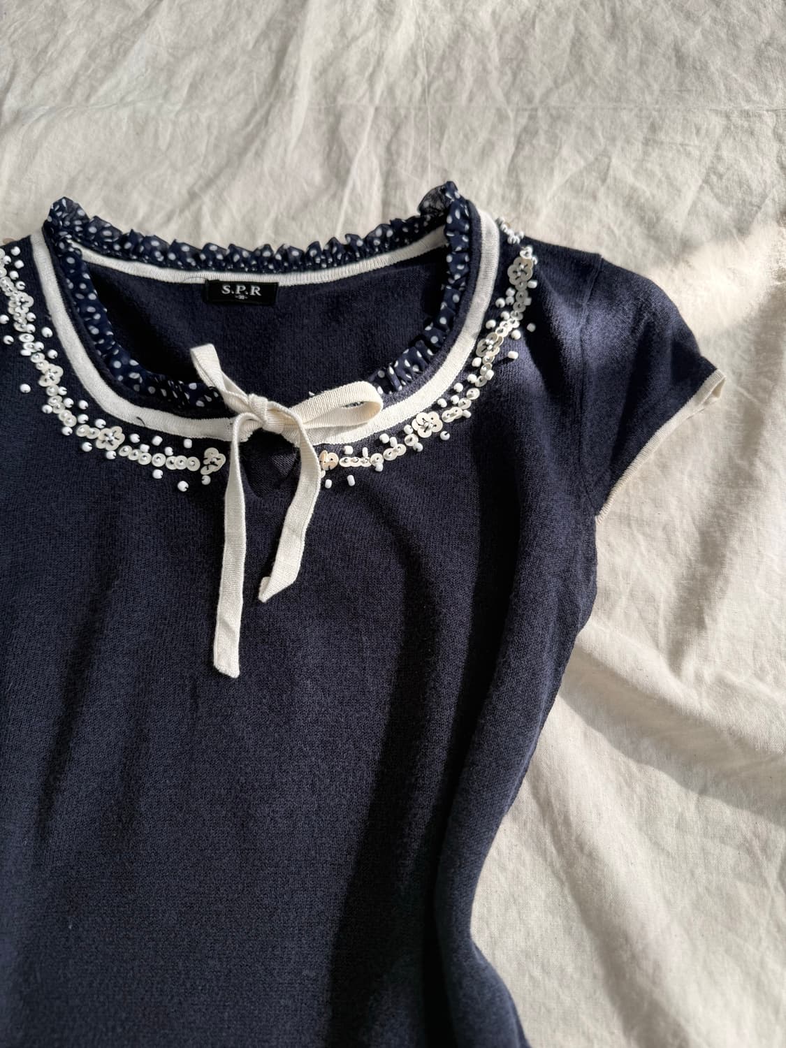 네이비 긱시크 러블리 공겜여주 반팔 블라우스탑 상품이미지2