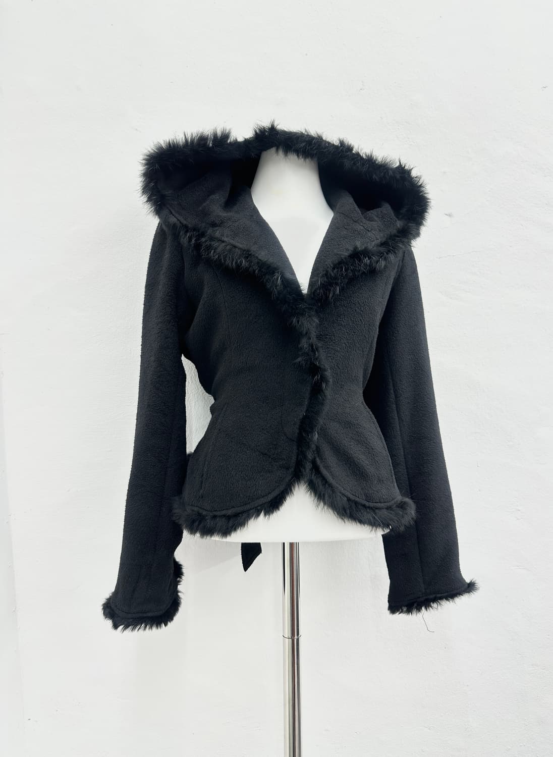 Black rabbit fur trimming ribbon jacket 상품이미지1