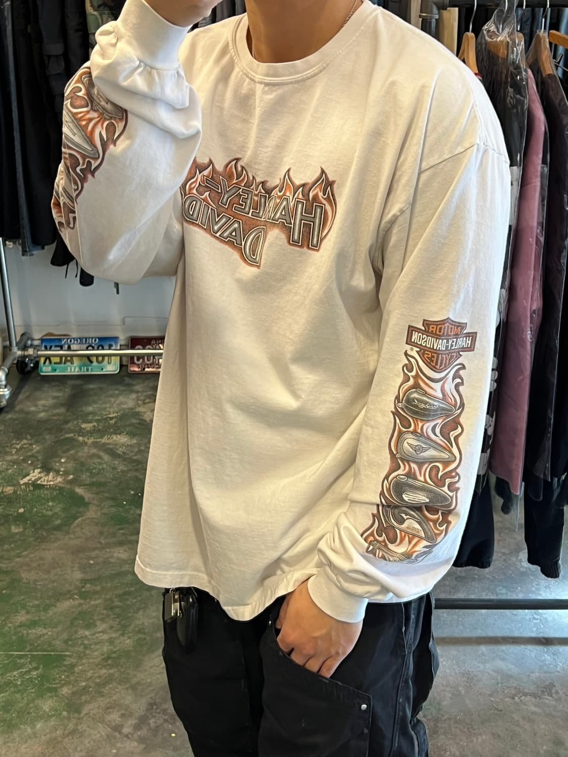 00's [2XL] 할리데이비슨 플레임 롱슬리브 티셔츠 USA MADE 상품이미지4