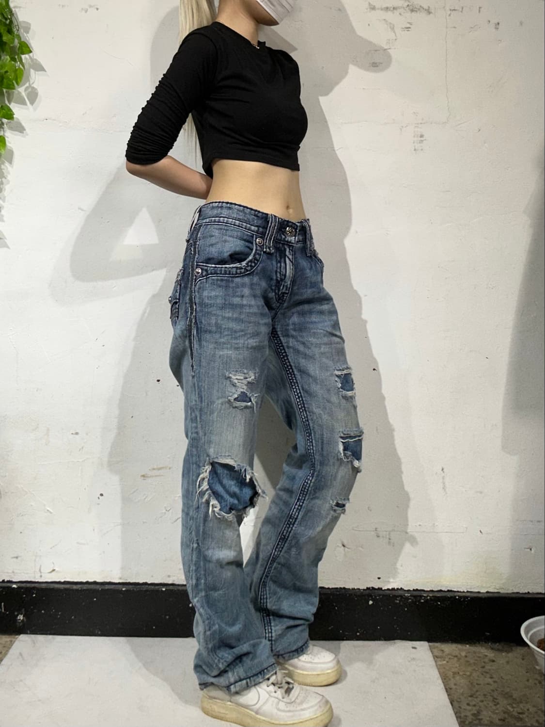 락리바이벌 진청 디트로이트 데미지 워싱 펑크 데님 팬츠 청바지 L 상품이미지1