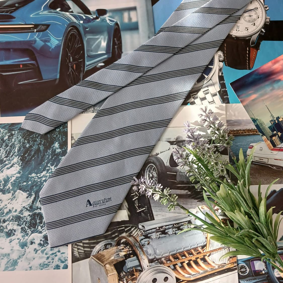 아쿠아스큐텀 스트라이프 로고 자카드 넥타이 9.5cm A등급 A19165 상품이미지2