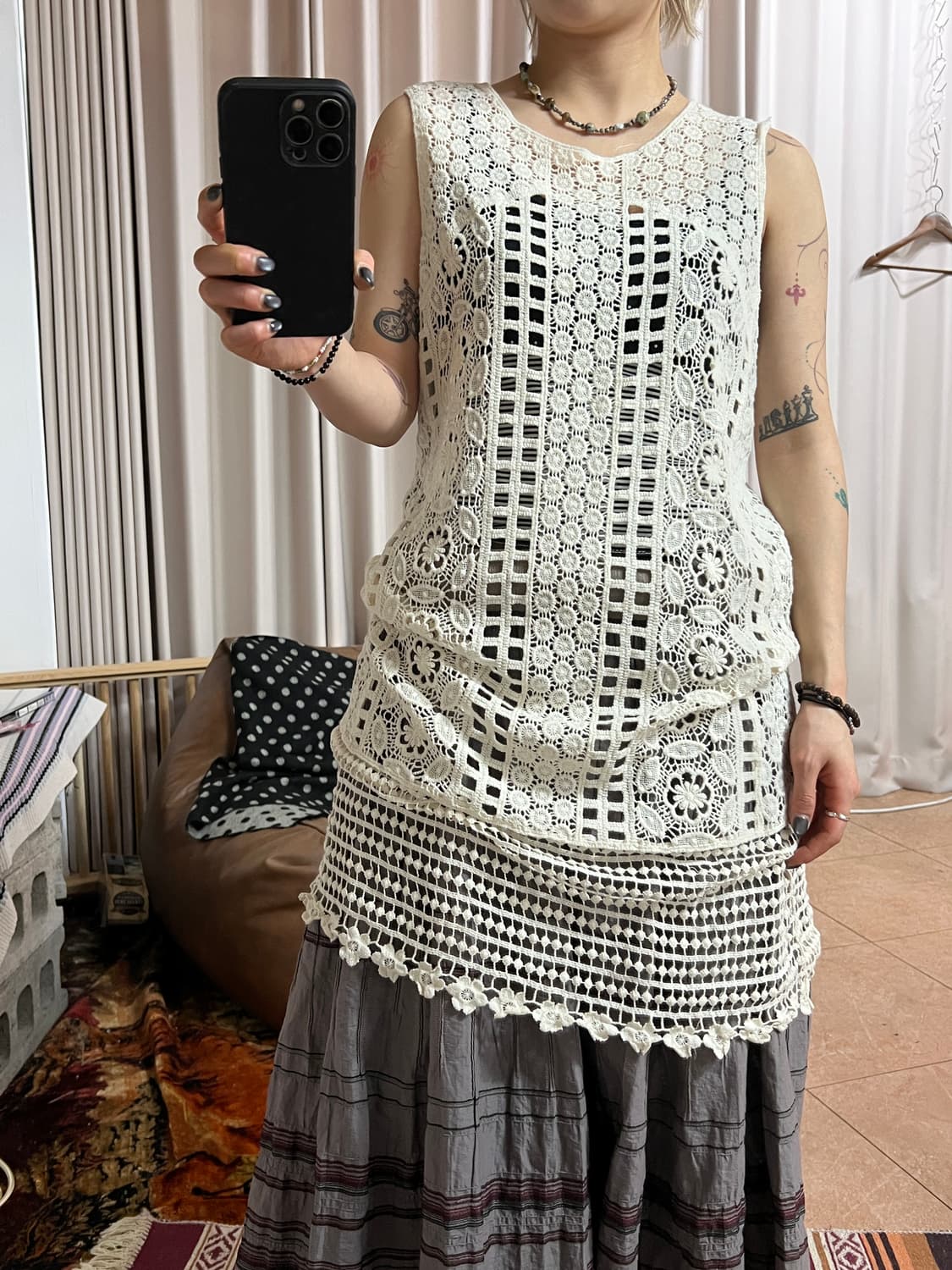 빈티지 여성 그물 니트 롱 베스트 상품이미지1