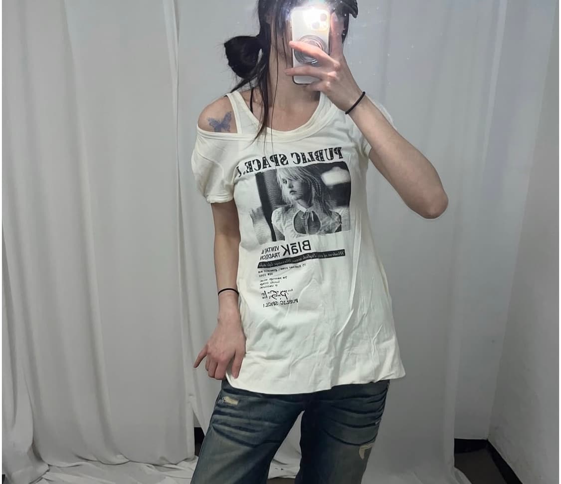 y2k 00's 프린팅 오프숄더 레이어링 반팔 상품이미지1