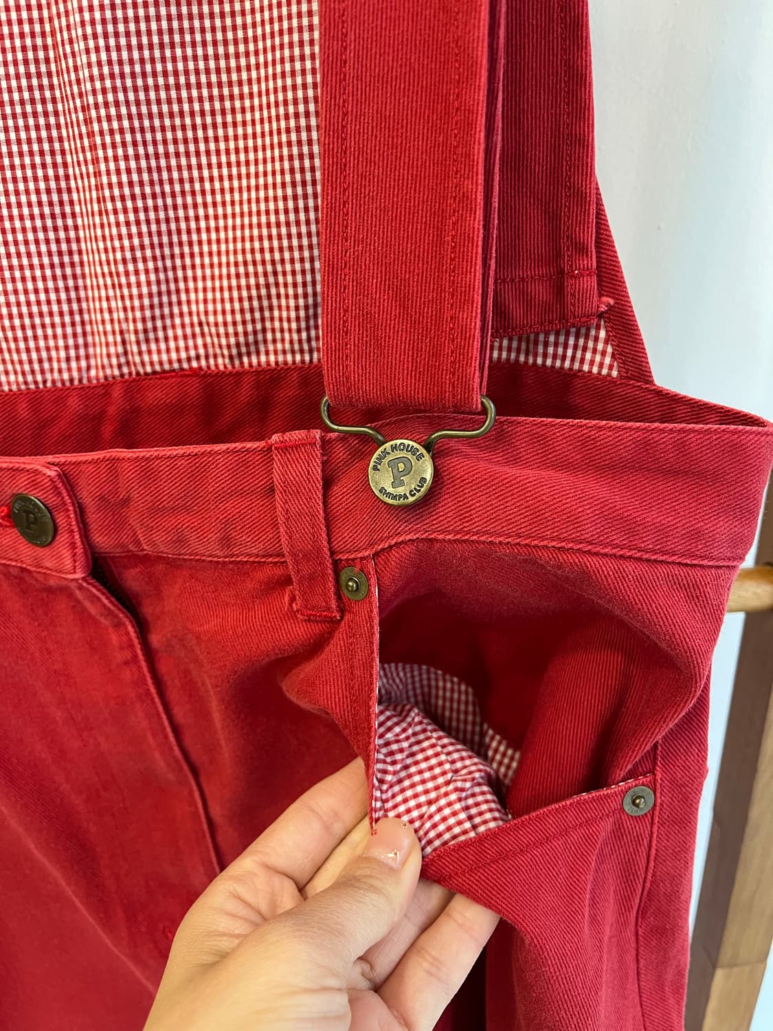 [정품] 핑크하우스 빈티지 레드 패치워크 멜빵치마 상품이미지4