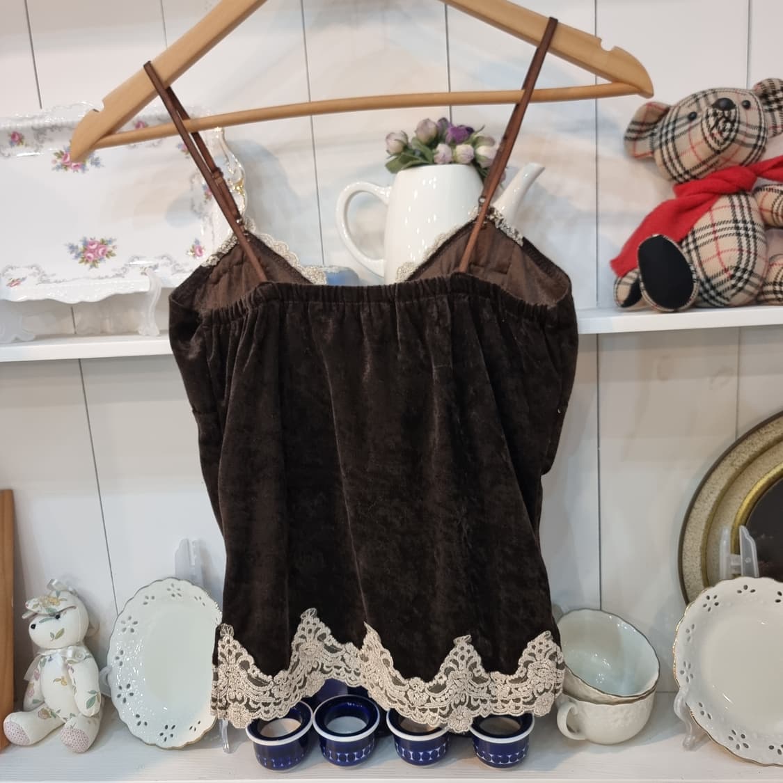 초콜릿 브라운 벨벳 레이스 슬립탑 상품이미지3