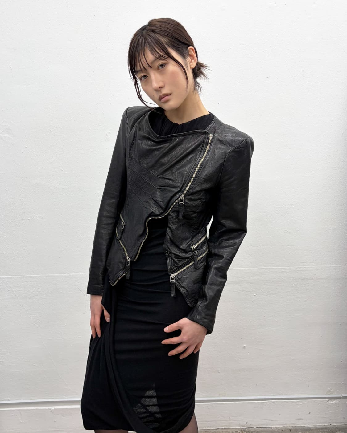 빈티지 비대칭 지퍼 디테일 램 레더 자켓 상품이미지1