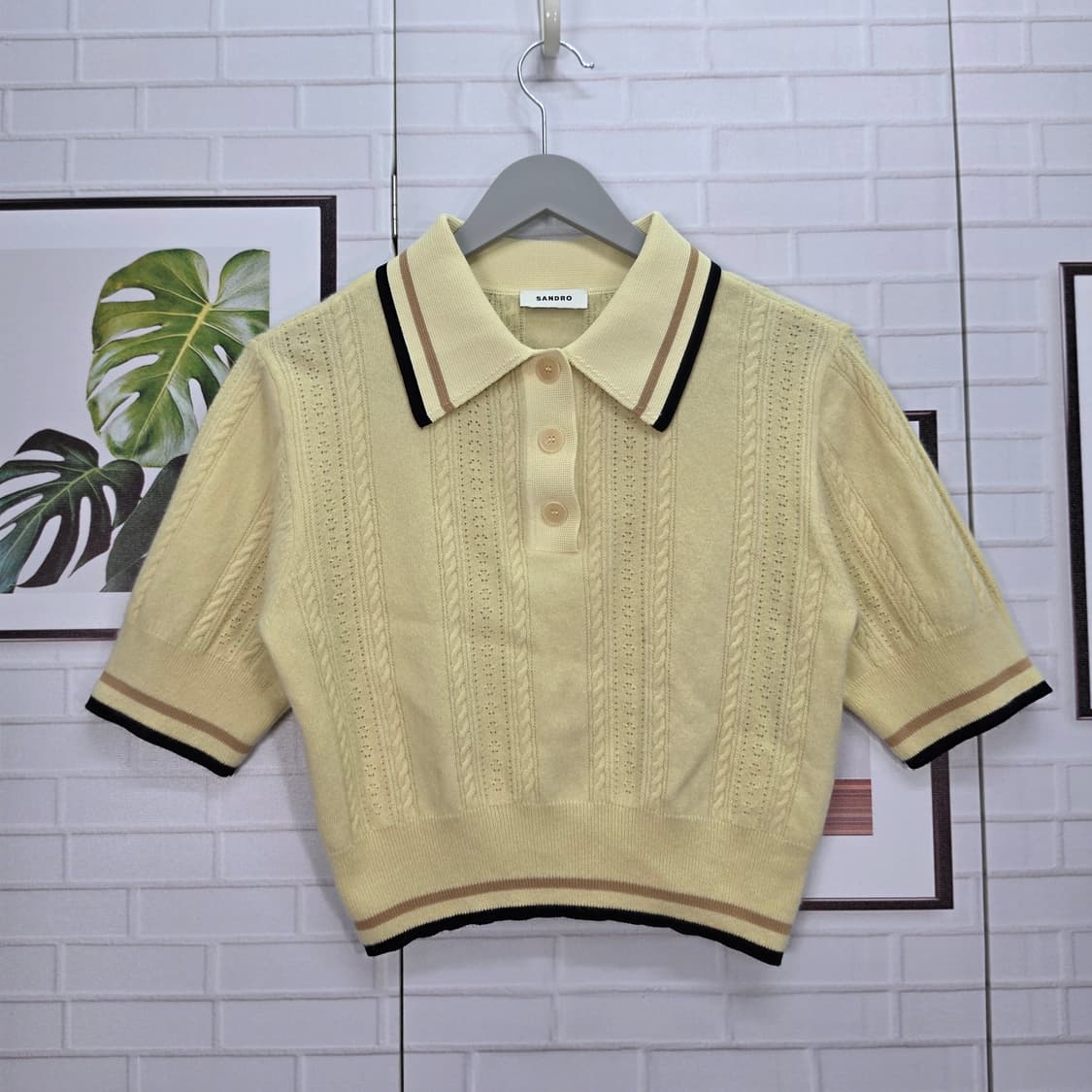 산드로 케이블 캐시미어 울 폴로 반팔 크롭 티셔츠 1사이즈 상품이미지1