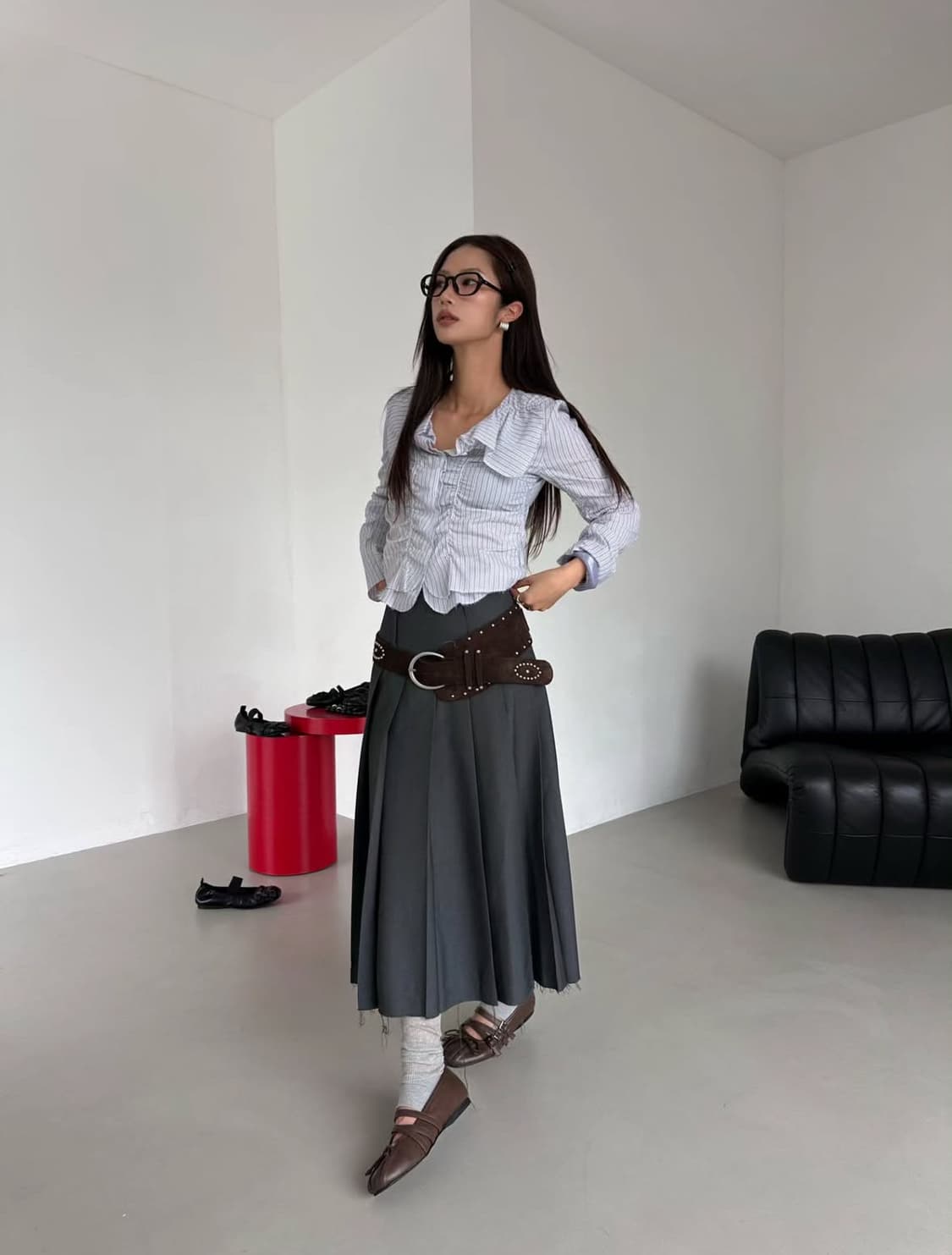 쓰리투에이티 트리플 스트랩 발레리나 플랫 슈즈 브라운 상품이미지3