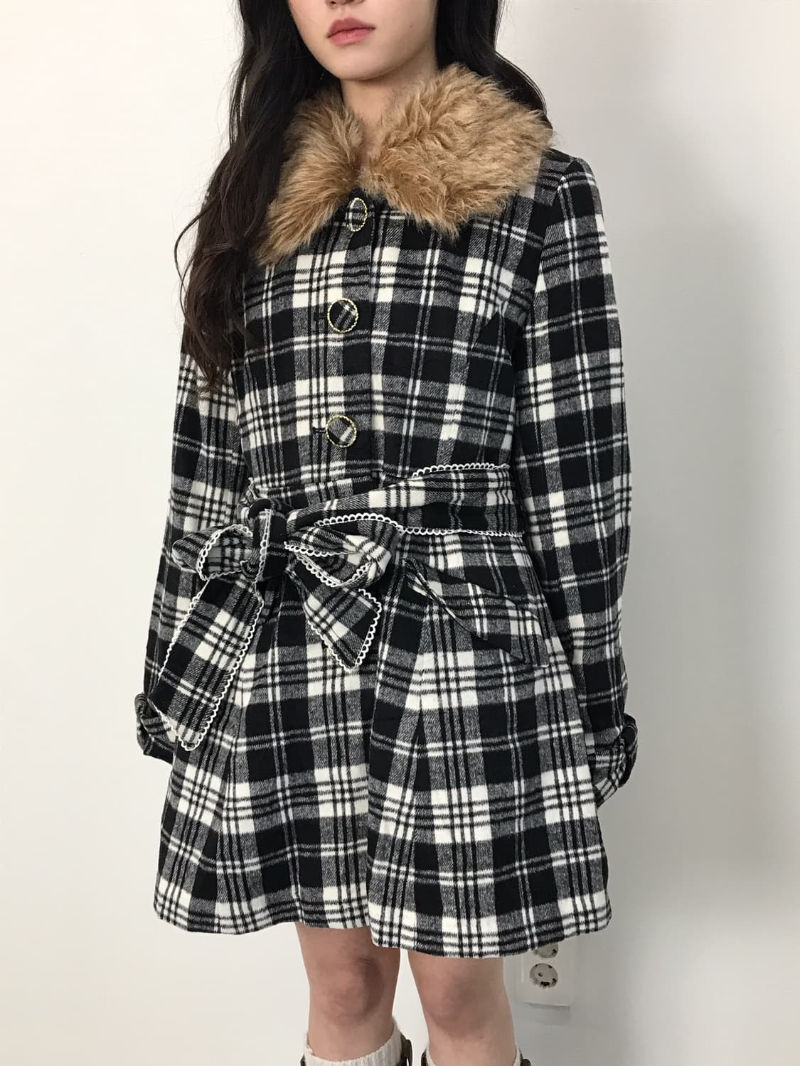Jpn Onee-Gyaru Check Fur Collar Coat 상품이미지2
