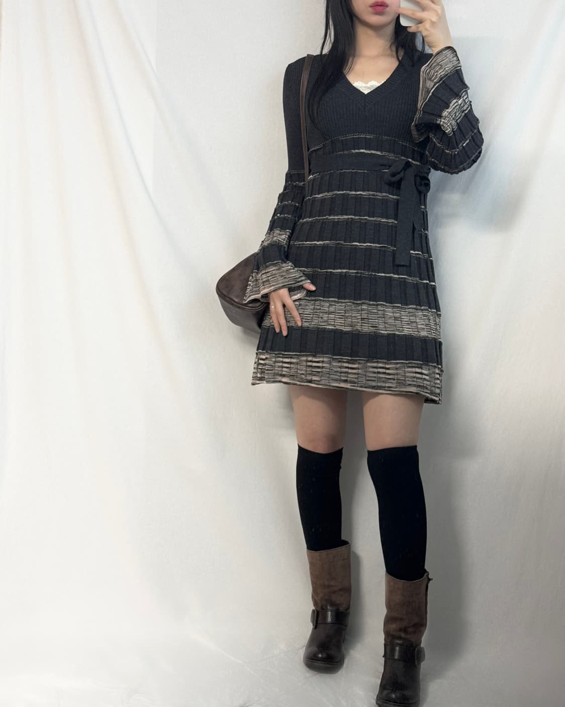 레이어드 레이스 타이 벨 슬리브 플리츠 니트 원피스 2pcs SET 상품이미지2