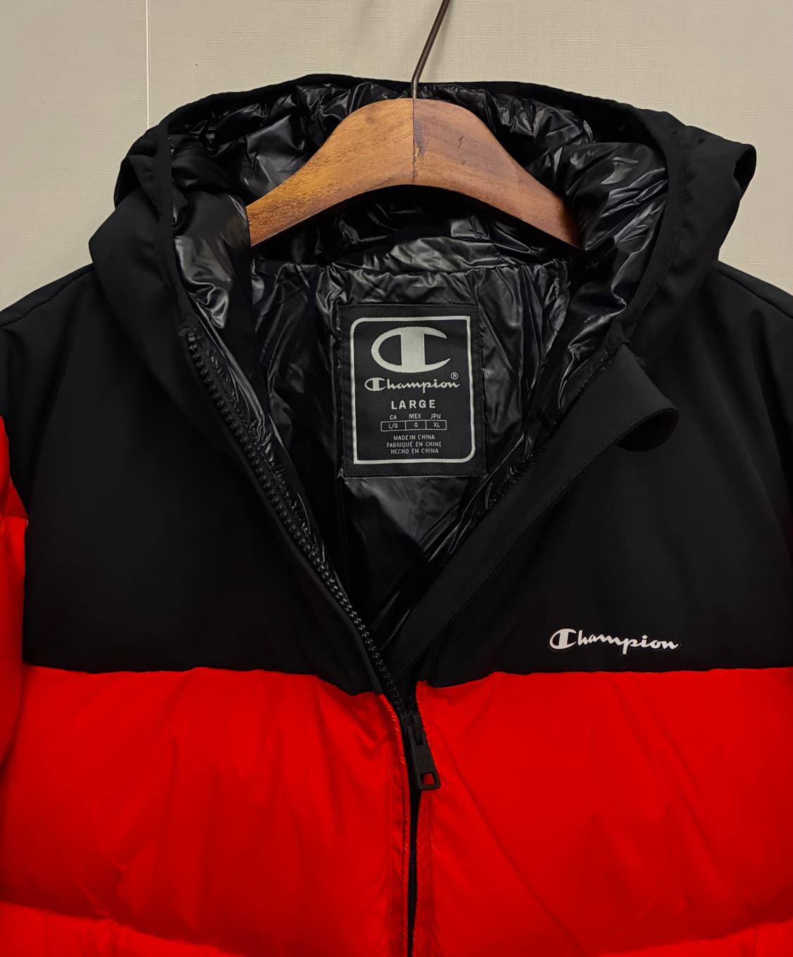 (L~XL)챔피온 EU 배색 후드 푸퍼 패딩 다운 블랙 레드 상품이미지5