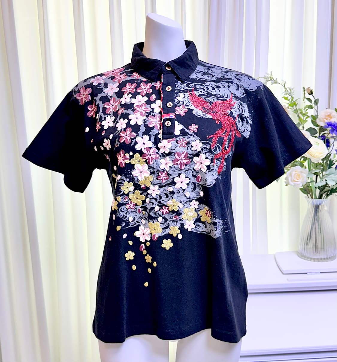 오리엔탈 사쿠라 봉황 자수 카라티셔츠 상품이미지1