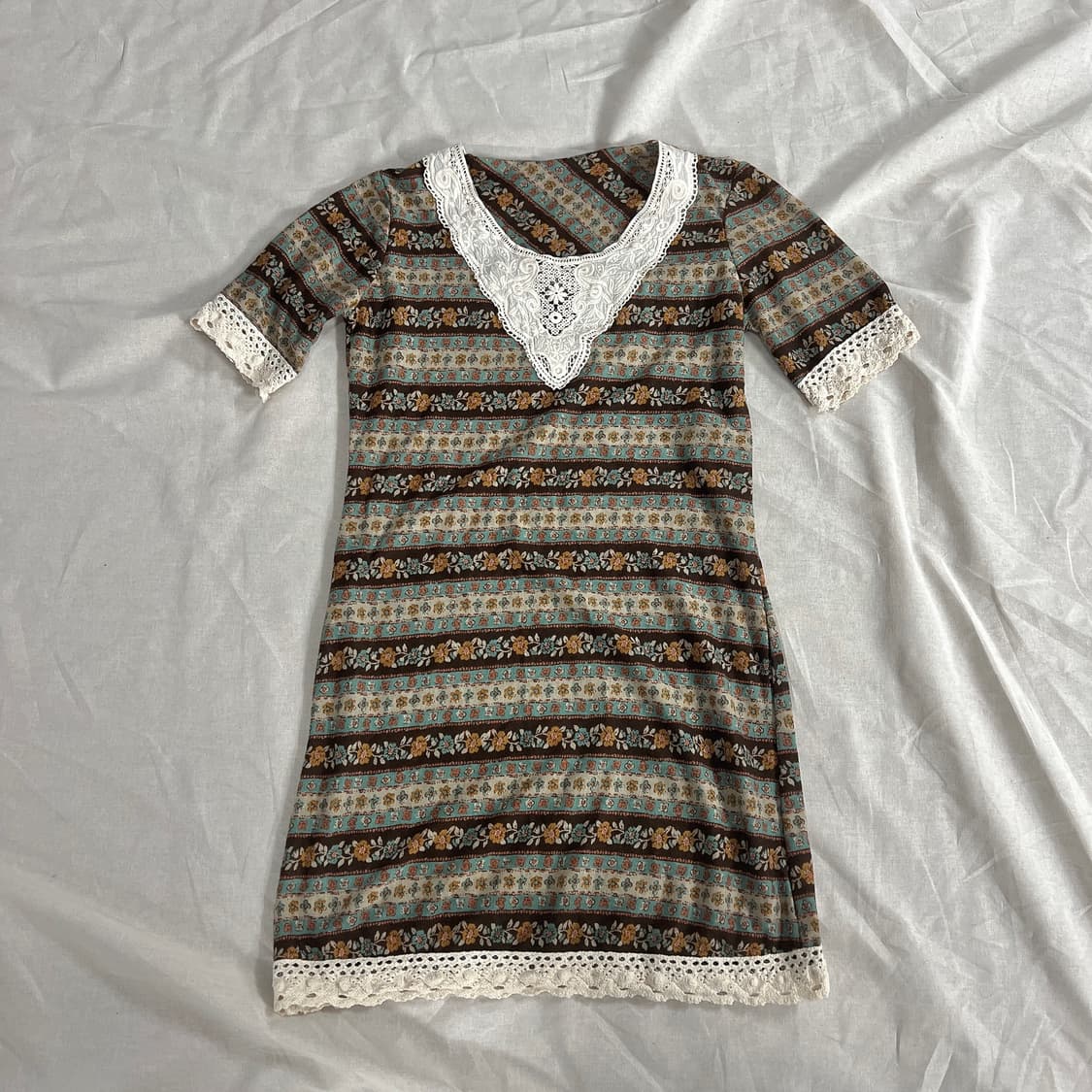 모리걸 히피 보헤미안 민트 브라운 패턴 레이스 원피스 상품이미지1