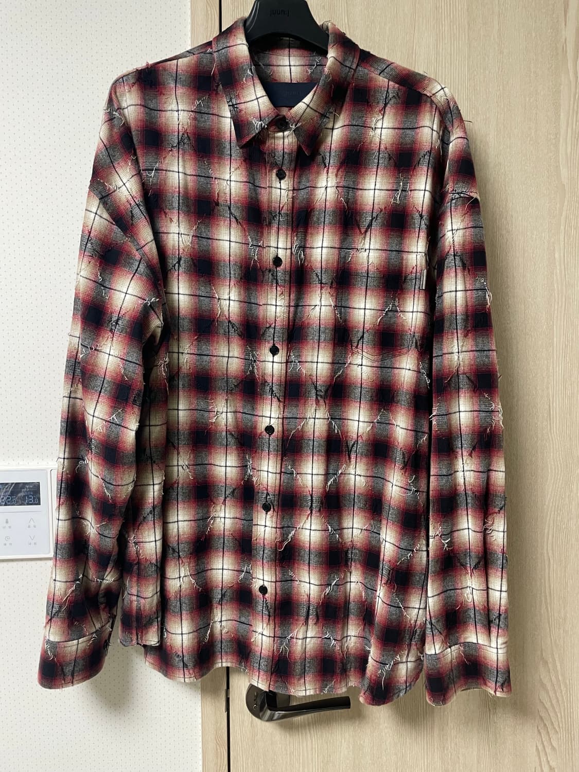 준지 아가일 데미지 루즈핏 셔츠 레드, 52사이즈 상품이미지1