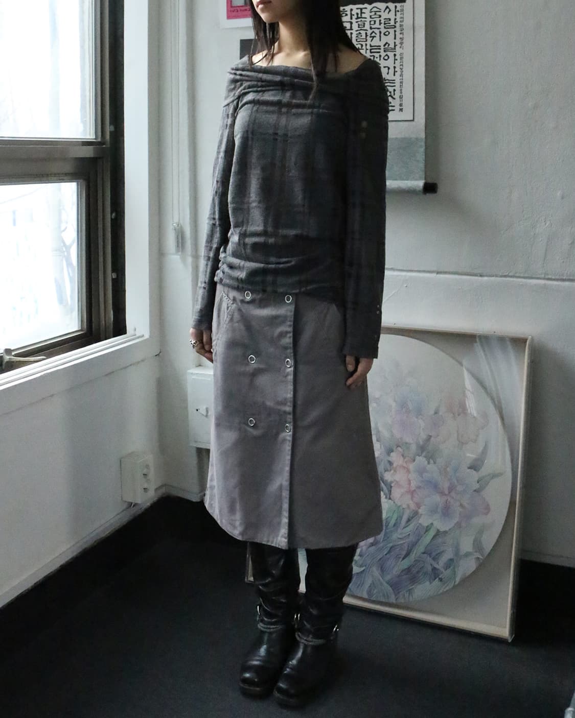 요지 야마모토 느와르 체크 후드 드레이프 탑  상품이미지2