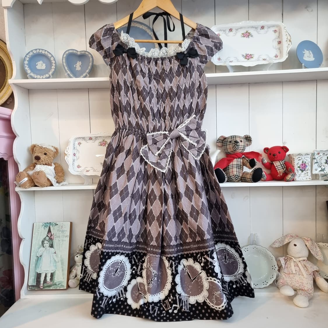빈티지 다이아몬드 패턴 리본 원피스 상품이미지5