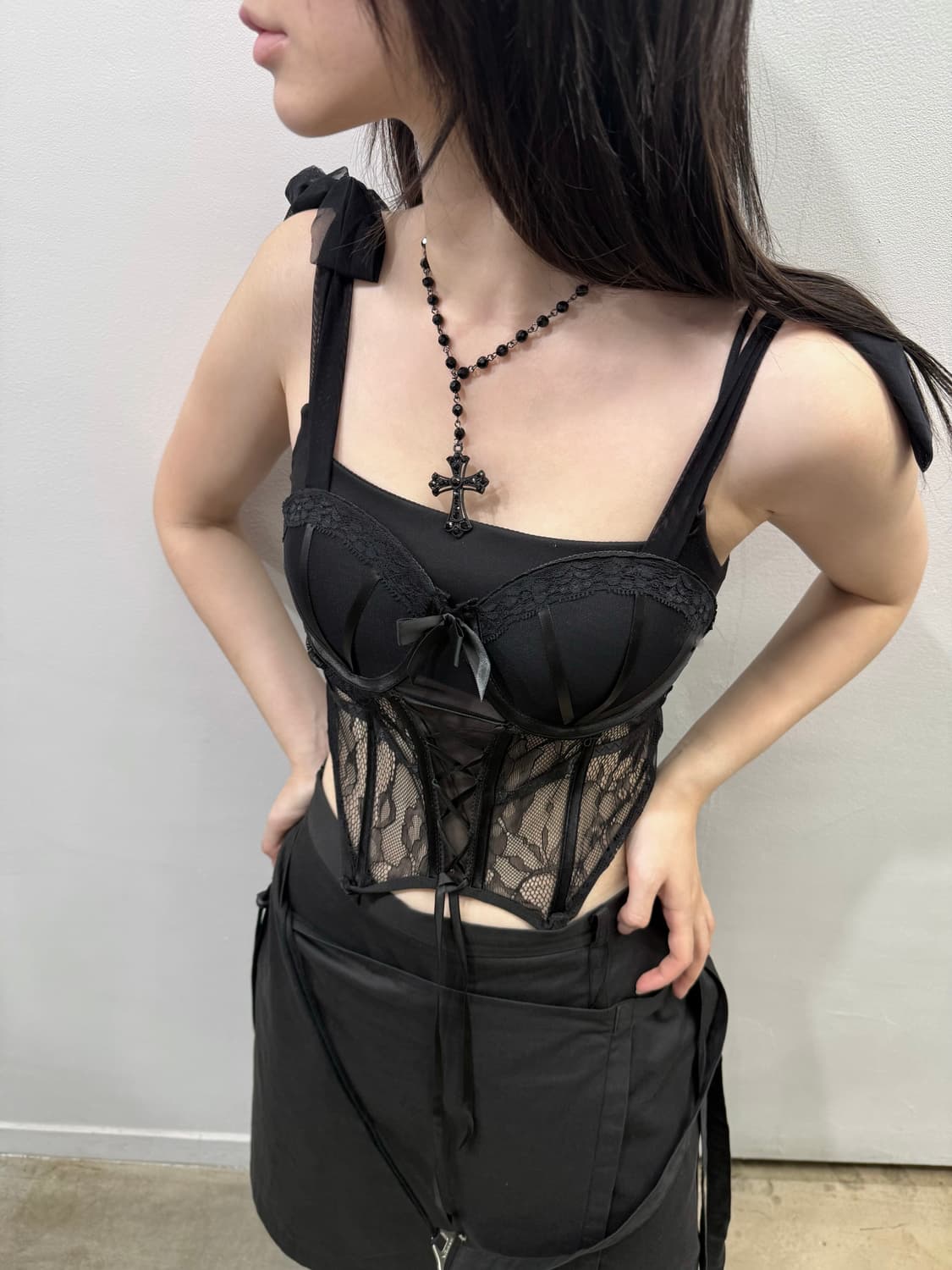 크롭 시스루 리본 코르셋 상품이미지5