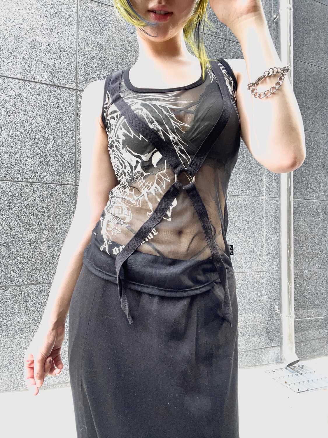 X shaped string printing mesh sleeveless 상품이미지1