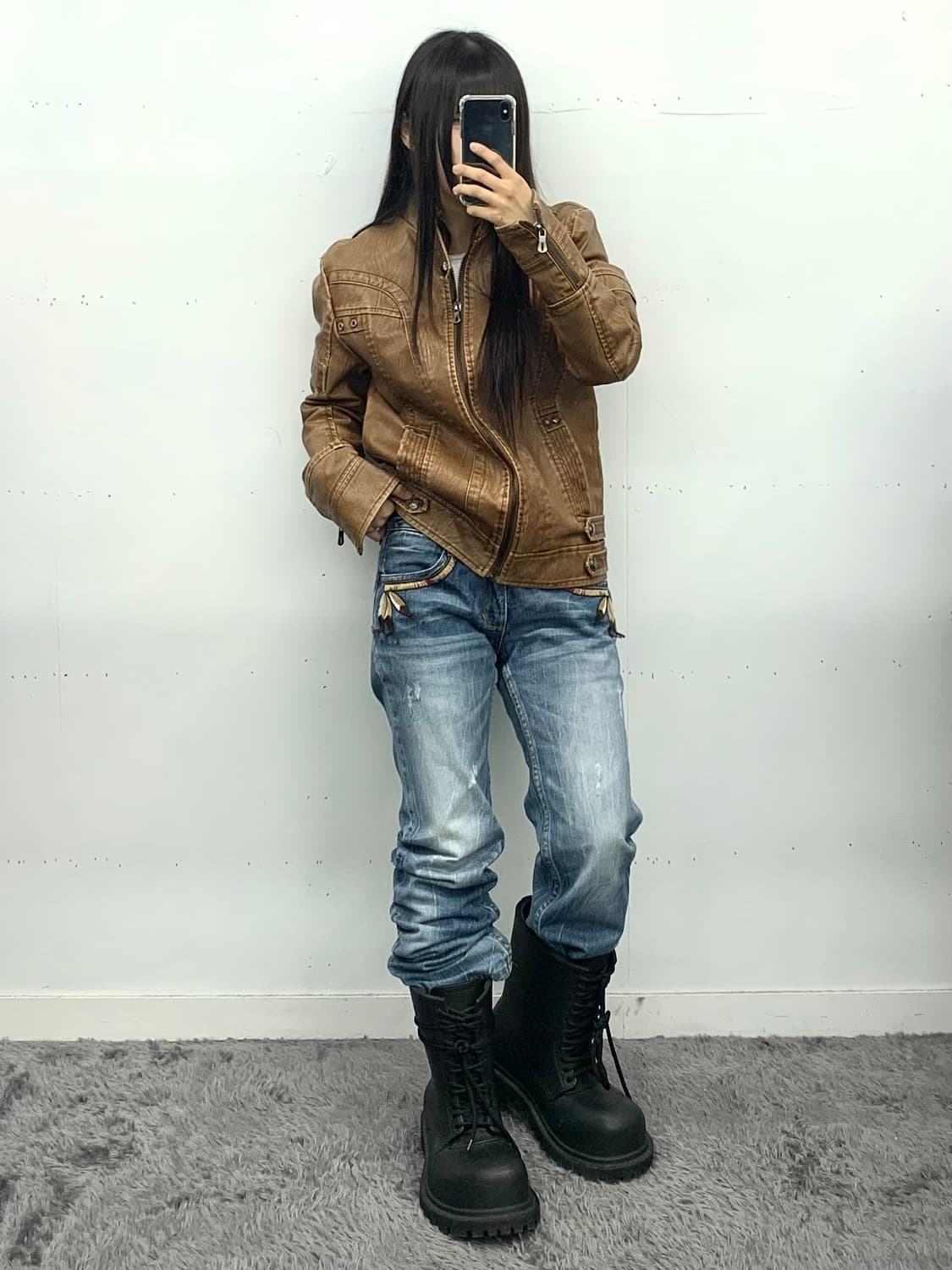 브라운 큐빅 디테일 레더자켓 상품이미지4