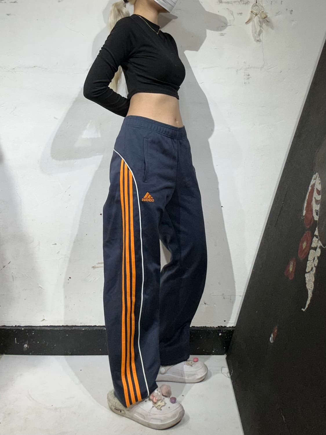 아디다스 네이비 와이드 오렌지 삼선 스몰 로고 추리닝 트레이닝 팬츠 M 상품이미지1