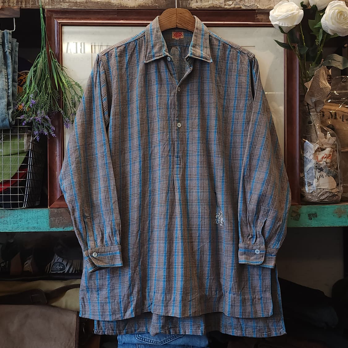 60s 프랑스 워크셔츠 가드너 빈티지 셔츠 그레이 민트 롱 튜닉 셔츠 m 상품이미지1