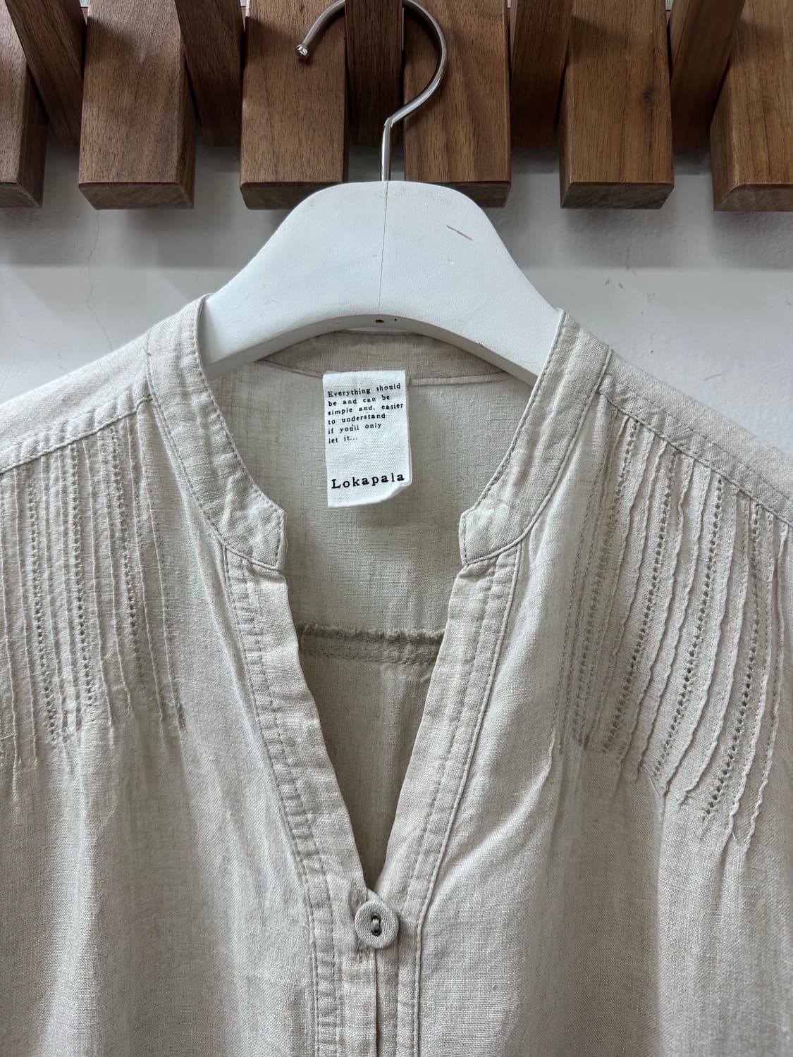 일본빈티지 린넨 100% 내추럴 베이지 밴드카라 핀턱 버튼 원피스 상품이미지3