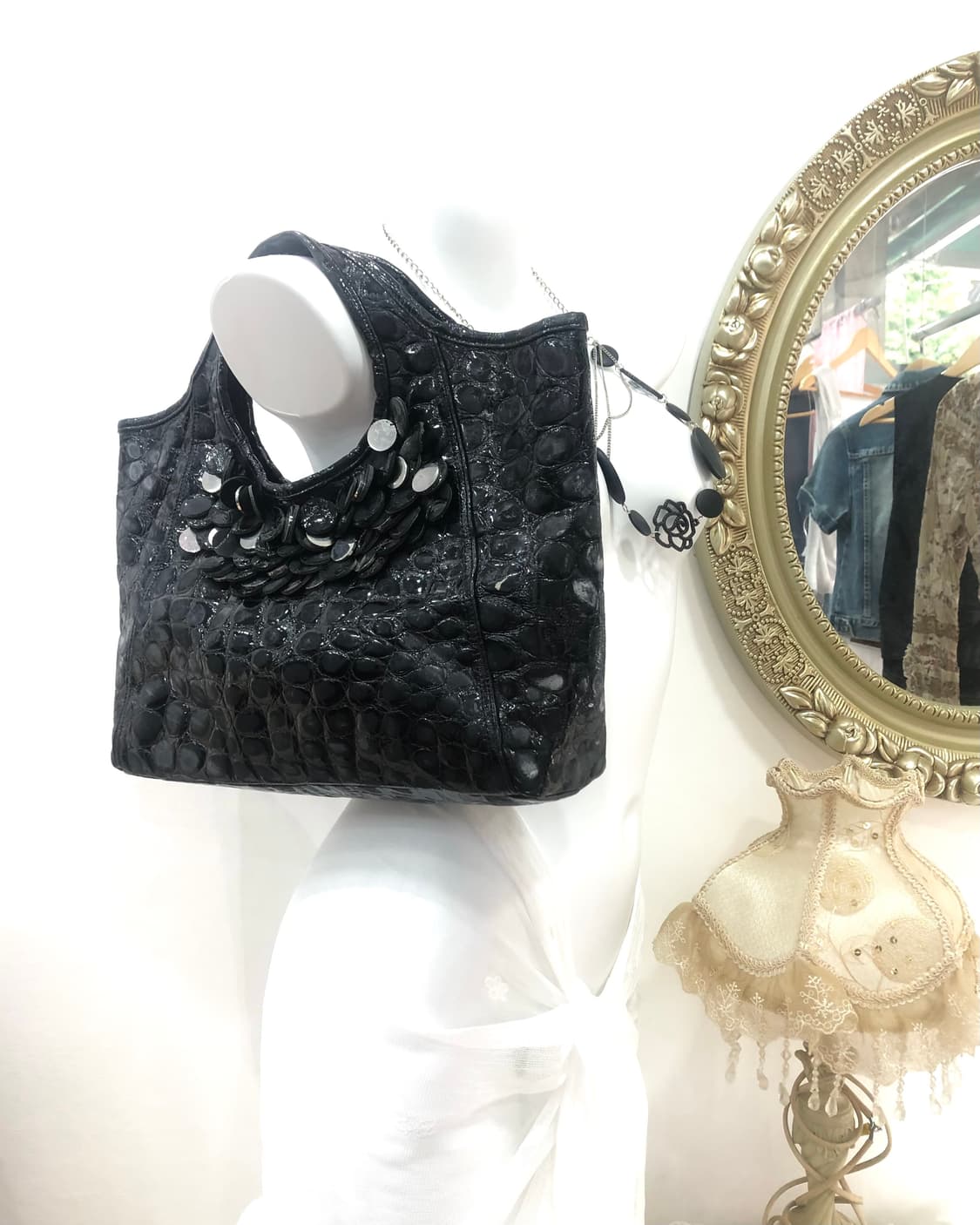 croc texture decorative black tote bag 상품이미지2