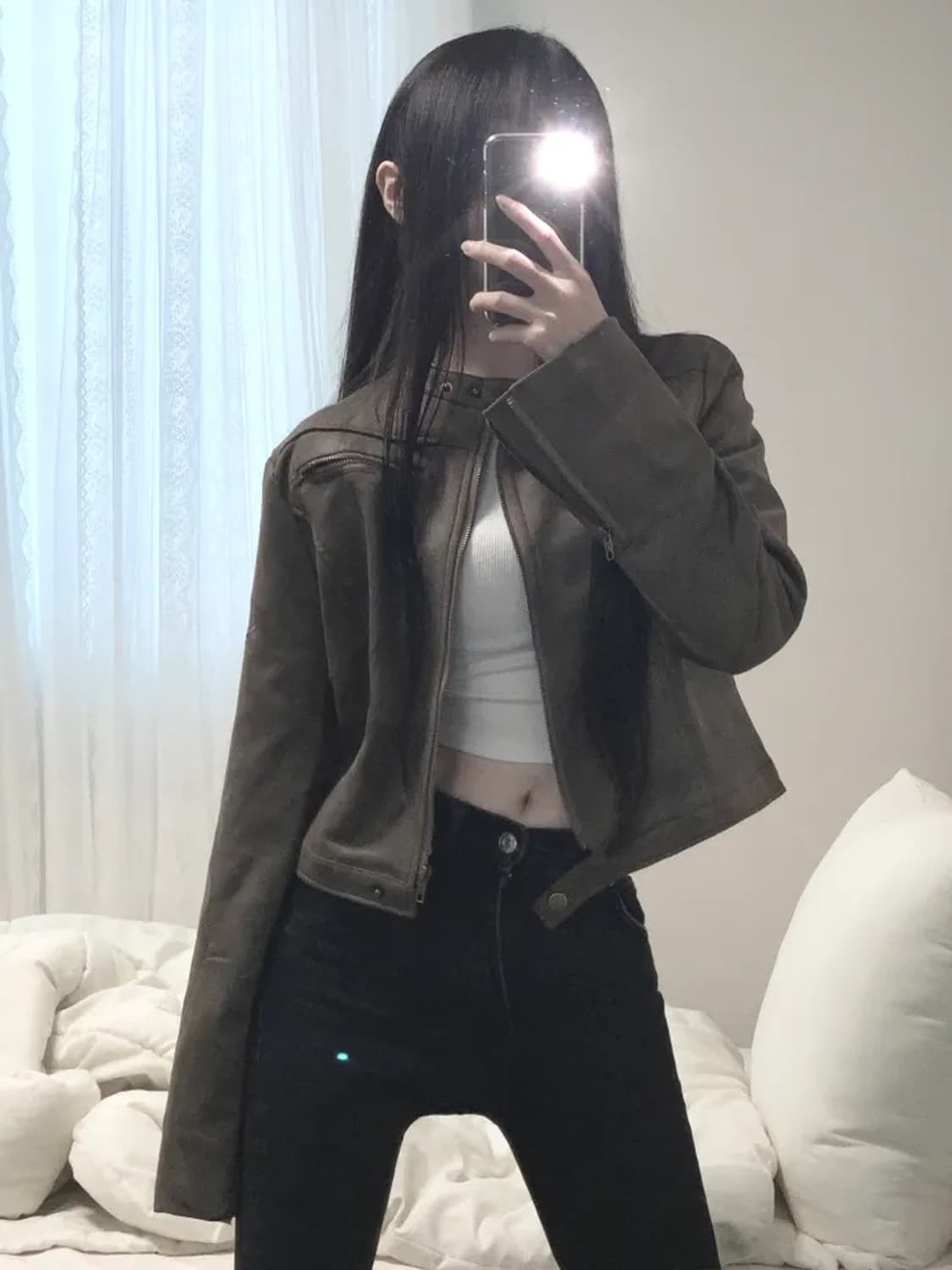 에이블리 징케 워싱 레더 스웨이드 크롭 라이더 자켓 브라운 상품이미지2