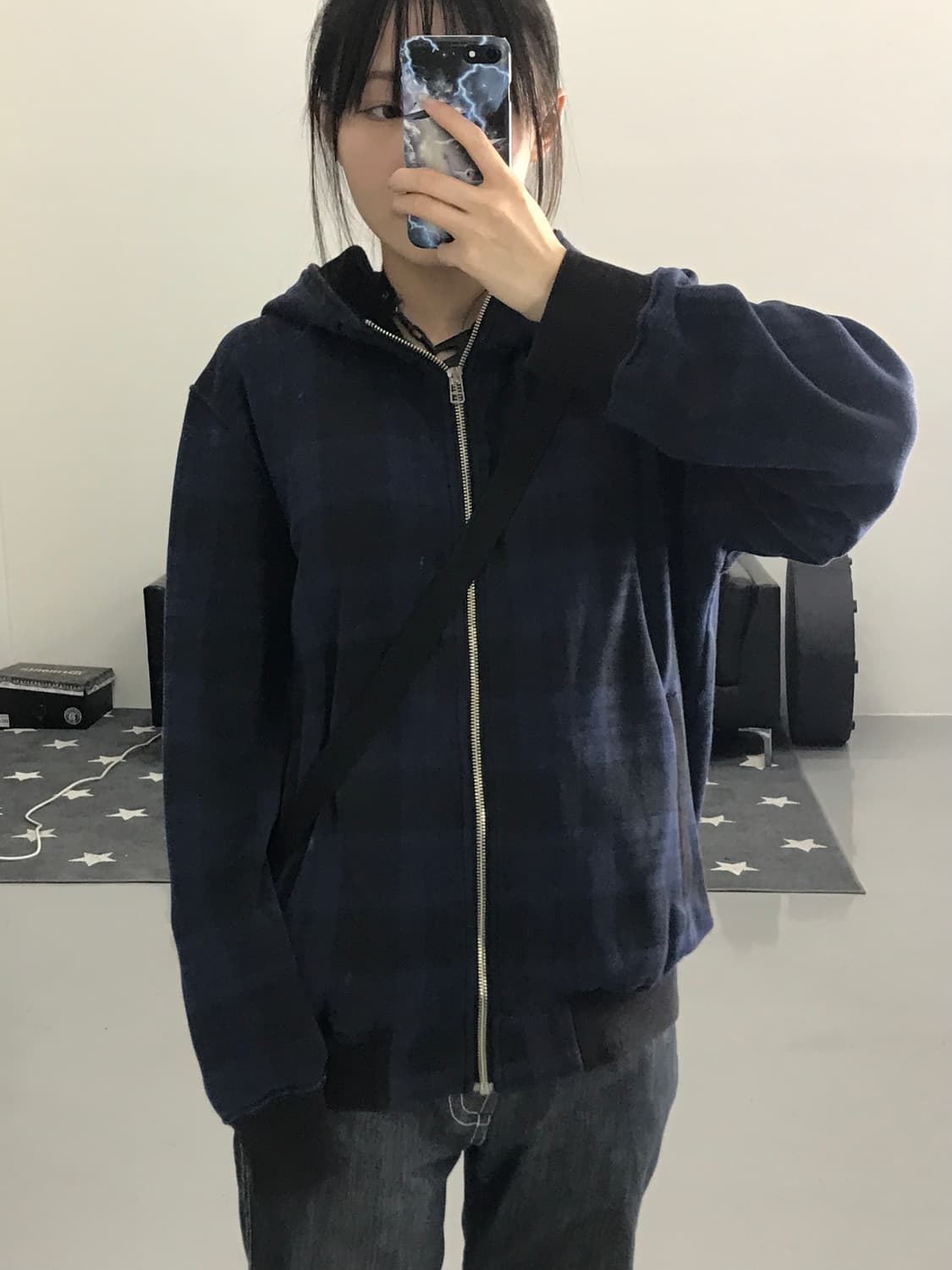 백넘버 체크패턴 네이비 후드집업 상품이미지2
