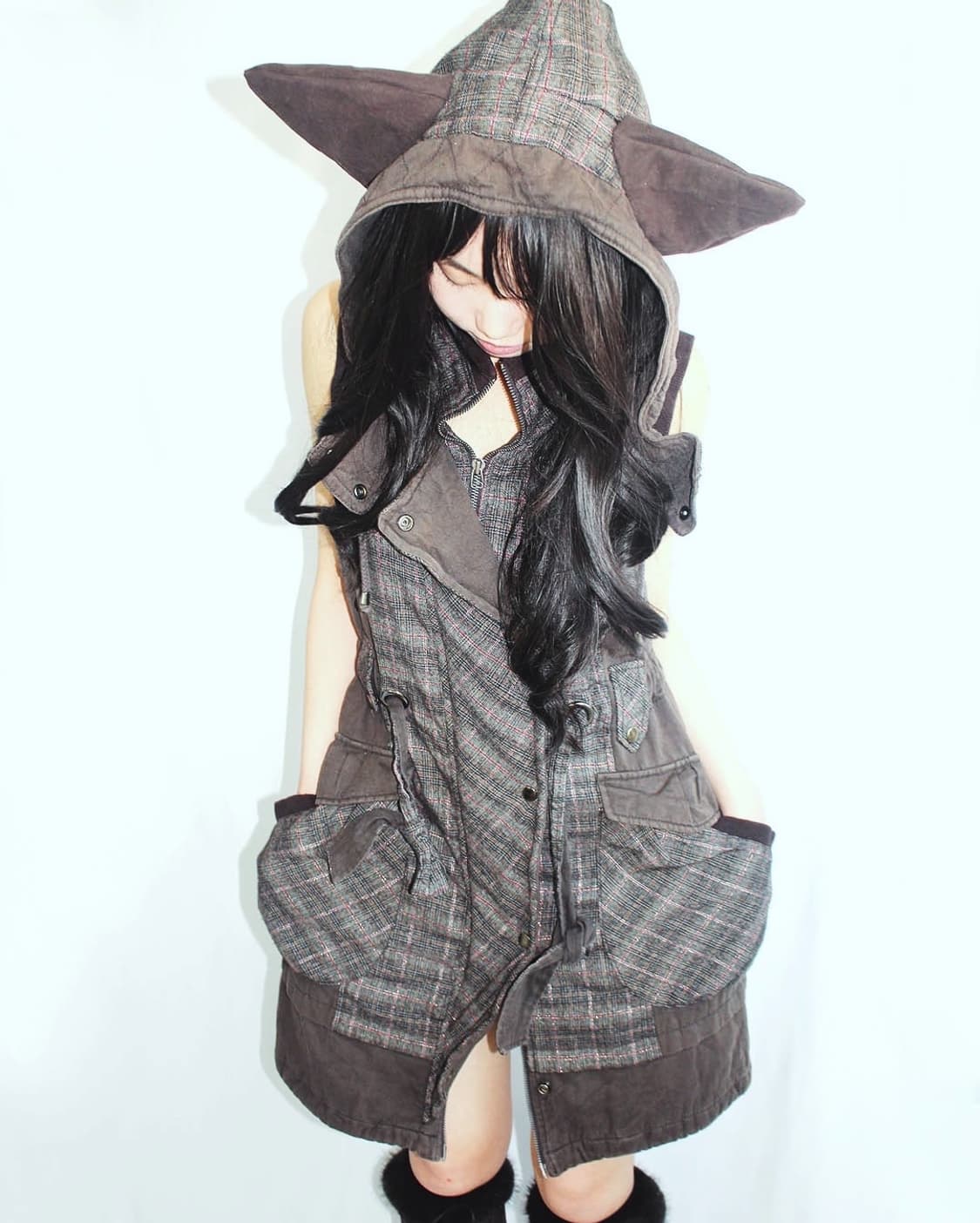 Cat-Ear check 2way grunge zipup onepiece 상품이미지1