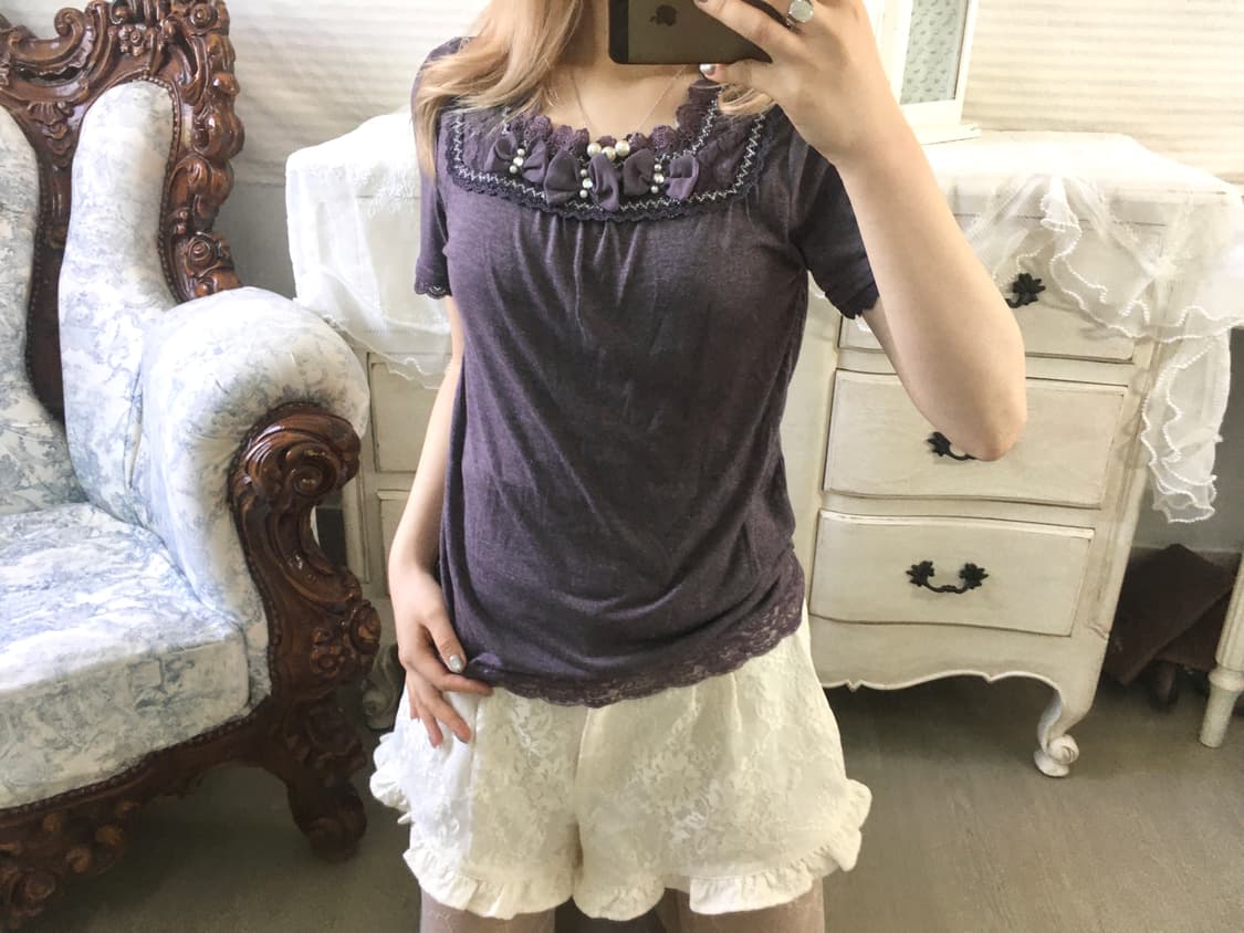 일본빈티지 퍼플 로걀 리본 반팔 상품이미지3