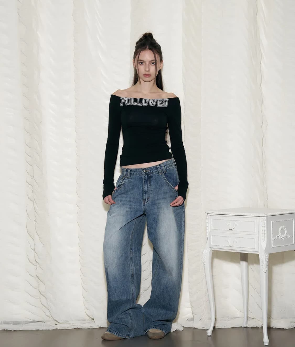 플리즈노팔로우 25Damaged Washing Wide Denim S 상품이미지1