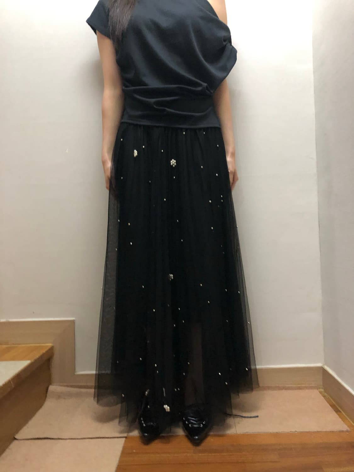 빈티지 블랙 레이스 펄 롱 스커트 상품이미지2