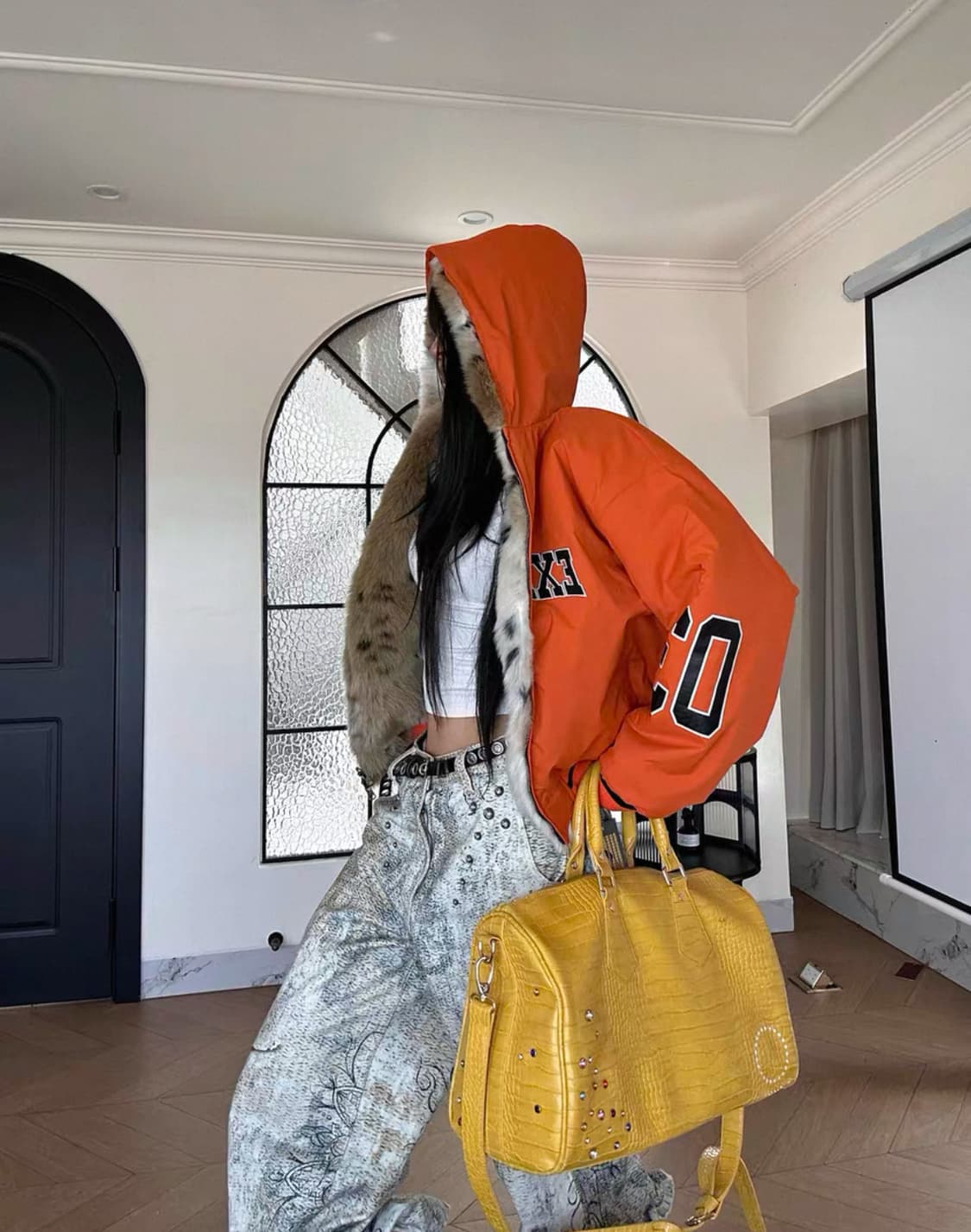 Orange Fur-Lined Patch Hooded Jacket  상품이미지6