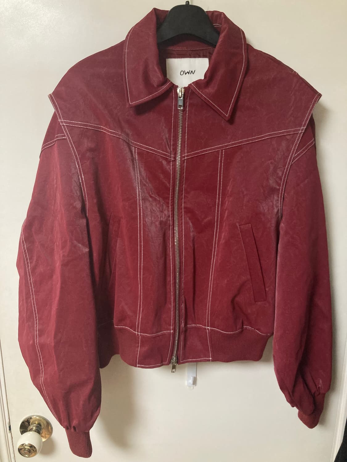 OWN 오운 스티치 글로시 레더 자켓 레드 상품이미지1